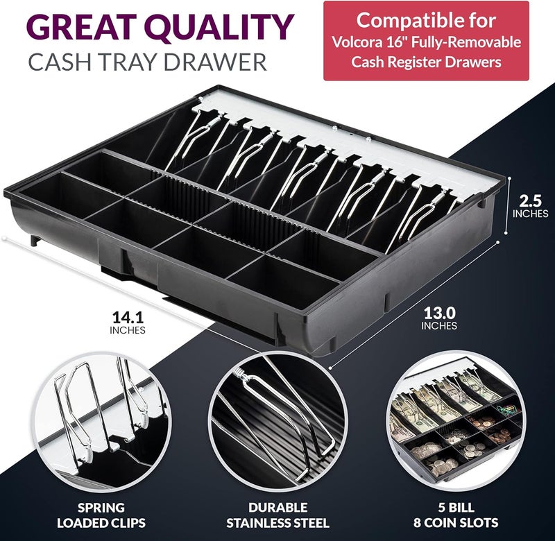 Volcora Cash Drawer Tray - 14.1 x 13 x 2.5 Inch Cash Register Insert - 5 Bill / 8 Coin Replacement Cash Tray - Stainless Steel Currency Compartment - 16" Cash Registers with Fully Removable Tray - Image 2